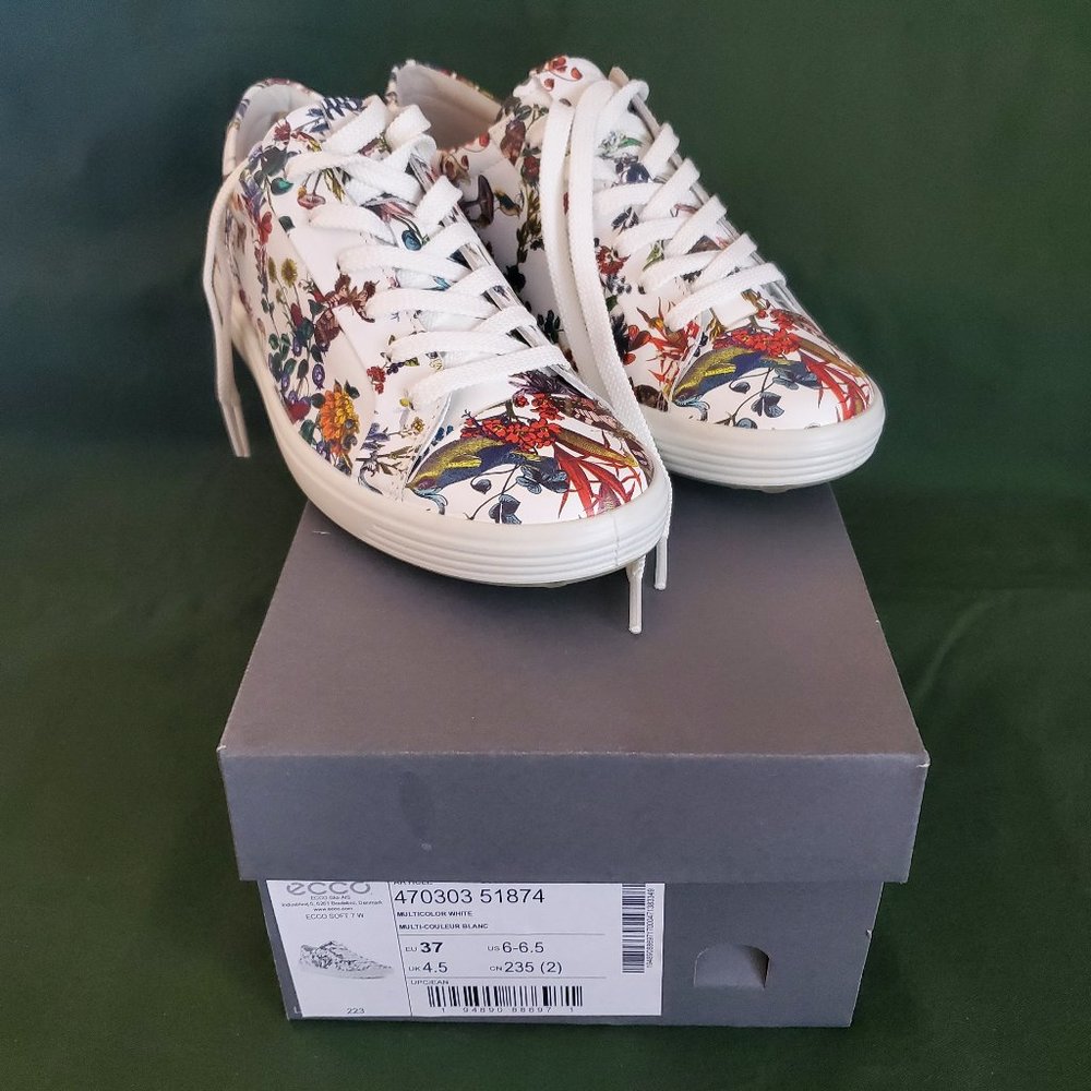 ECCO Soft Floral Print Leather Lace-up Closure Sneakers Women Shoes Size 37